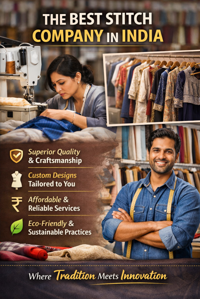 Tailor working on a sewing machine with finished garments displayed, representing the best stitch company in India offering quality stitching and custom clothing services.